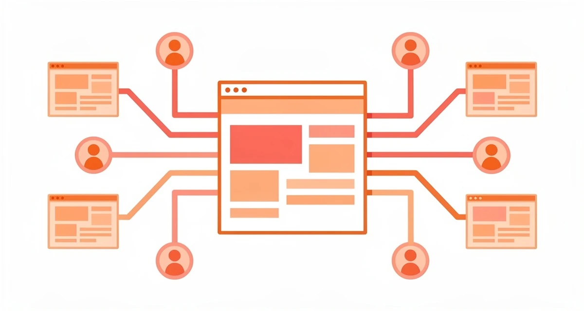 Flat illustration of link building strategy showing connected network nodes in orange and coral