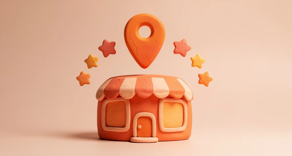 Claymation-style illustration of a location pin and storefront representing a local SEO strategy