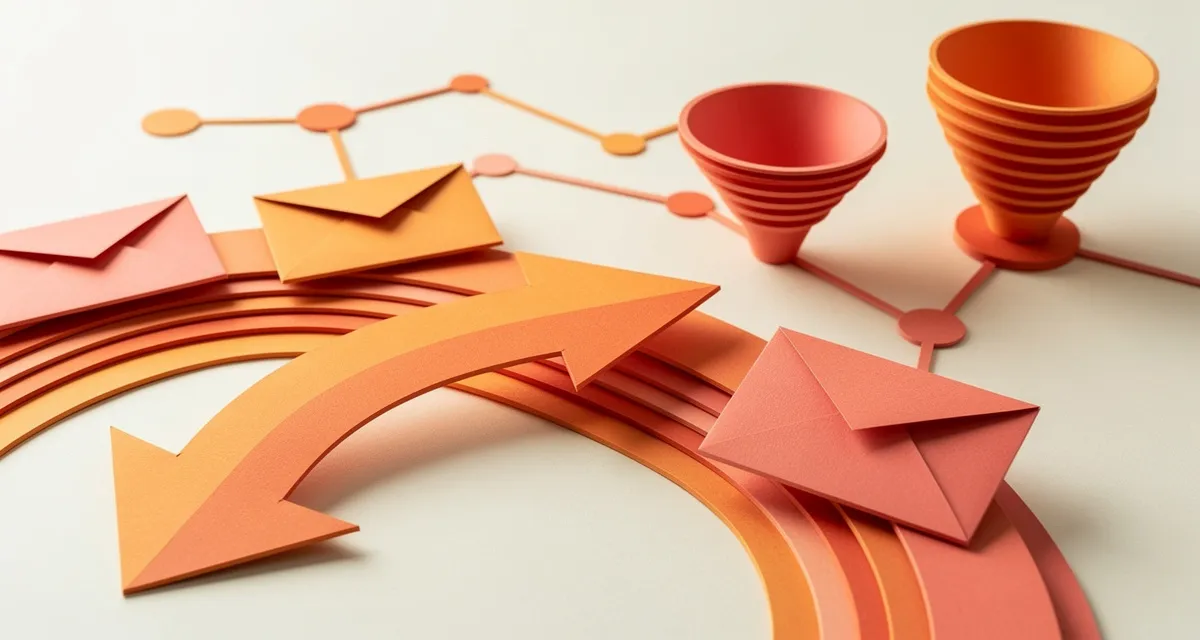 Marketing automation agency concept with layered paper workflow arrows and connected campaign funnels in orange and coral