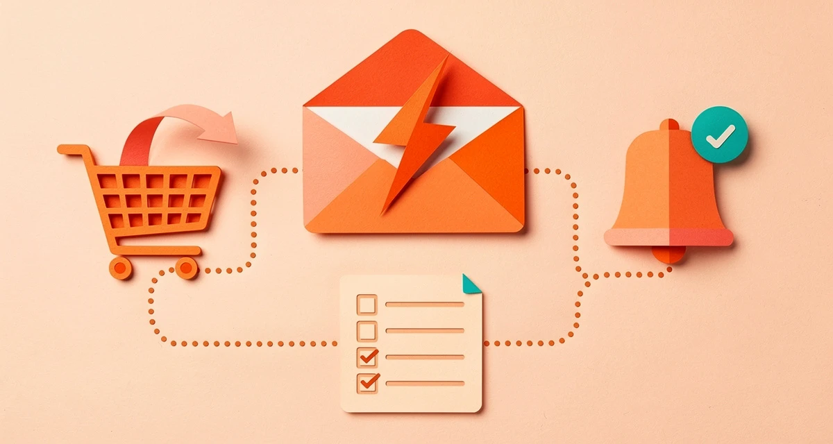 Retro collage of marketing automation icons including email, cart, and workflow arrows in orange and coral