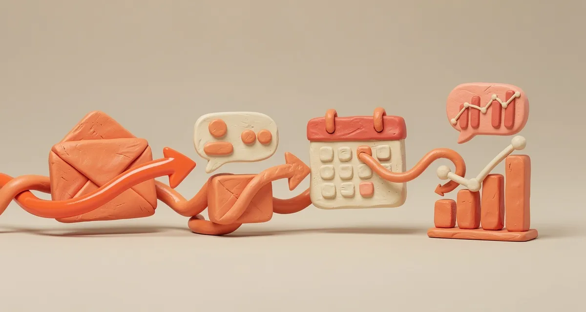 Marketing automation services concept with workflow arrows and orange claymation icons