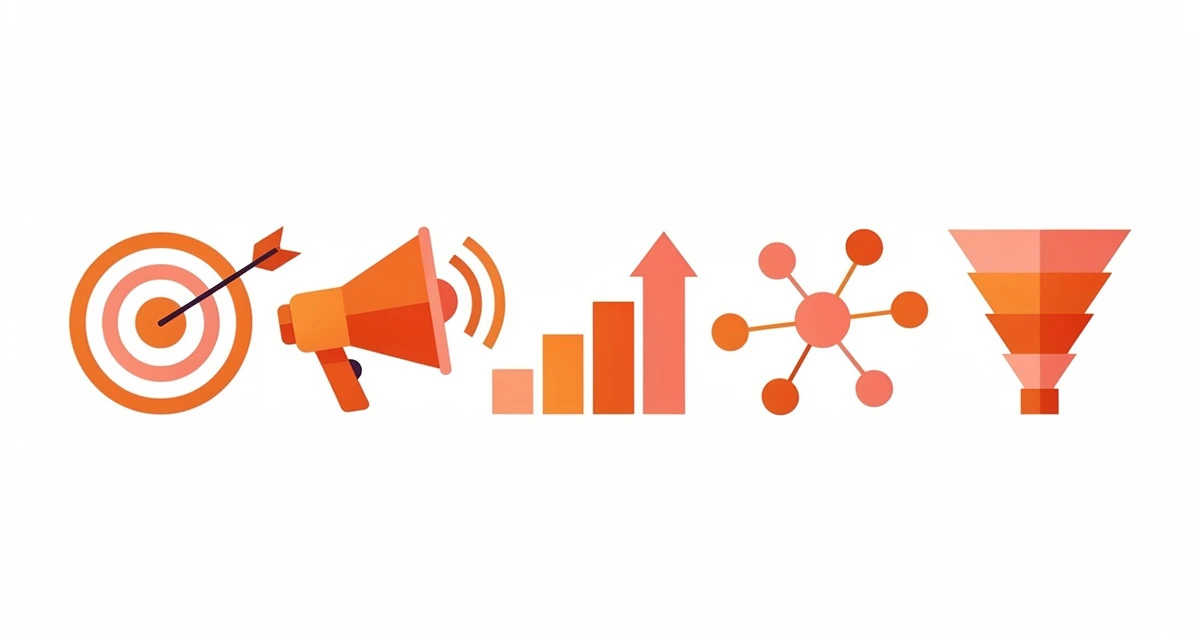 Marketing fundamentals illustrated with abstract icons showing strategy, targeting, and growth concepts
