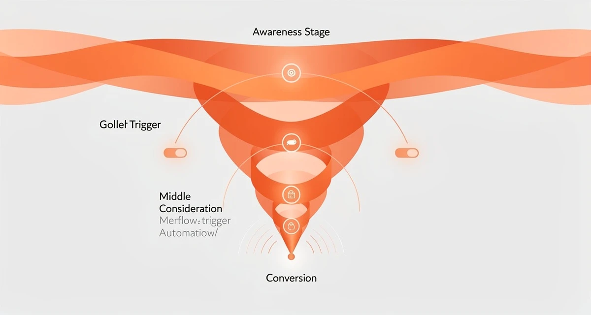 Marketing funnel automation diagram showing triggered workflows across awareness, nurture, and conversion stages in orange and coral
