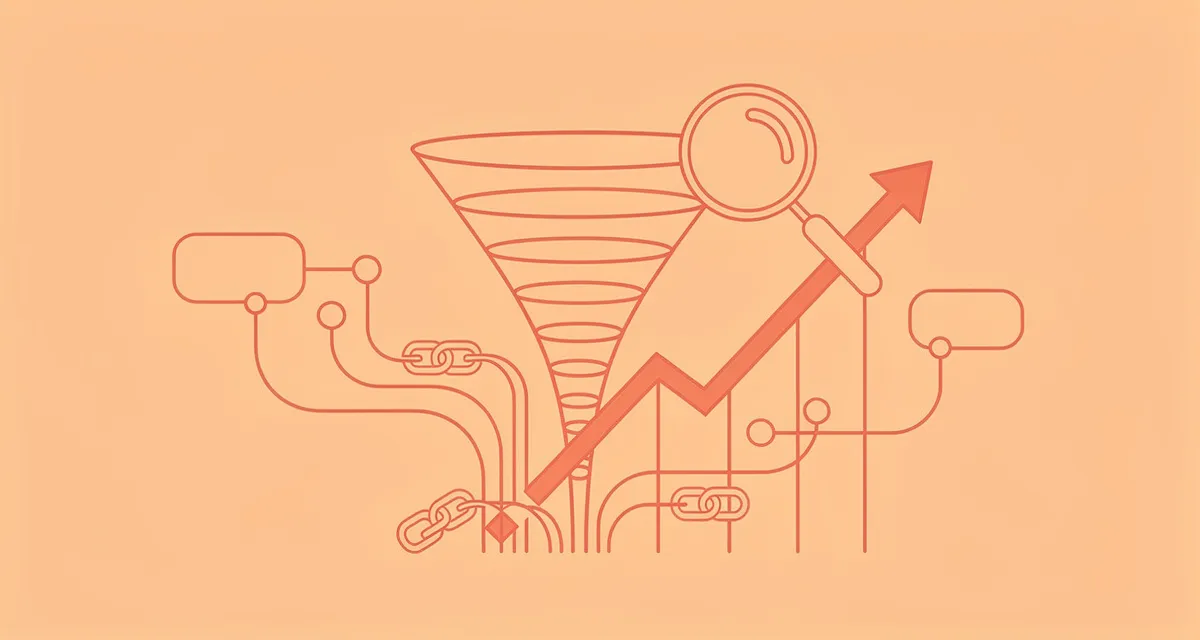 Organic SEO strategy diagram with search funnel and ranking arrows in coral line art style