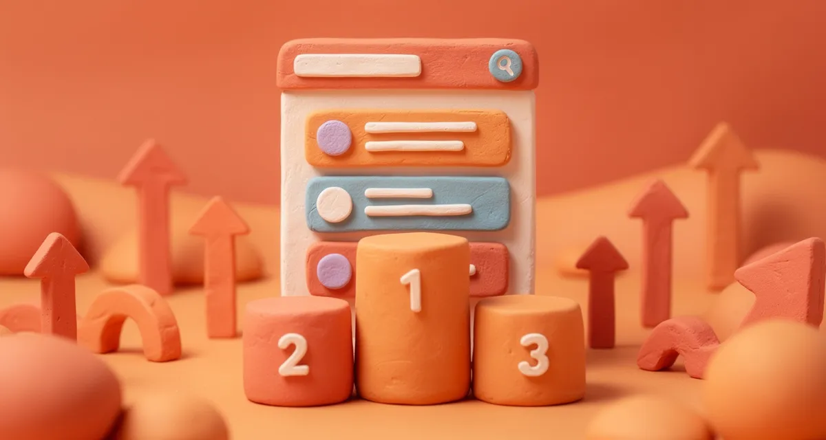 Search engine positioning concept showing ranking positions in coral claymation style