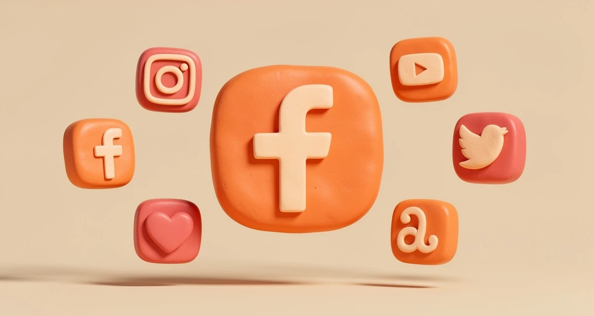 Single social media platform icon in focus with smaller platform icons in orbit, claymation style orange and coral
