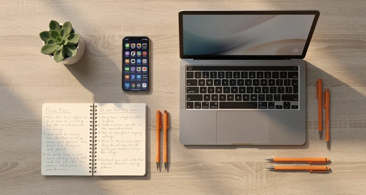 Top-down flat lay of a professional workspace with laptop showing social media analytics, smartphone, and notebook on an orange-toned surface