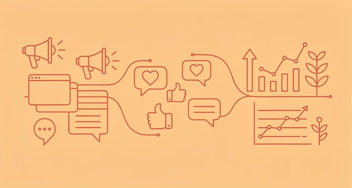 Minimal line art of social media marketing icons representing campaigns, engagement, and growth