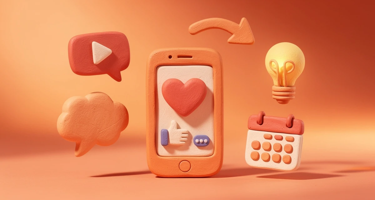 Claymation-style social media icons representing content ideas across awareness, engagement, and conversion stages
