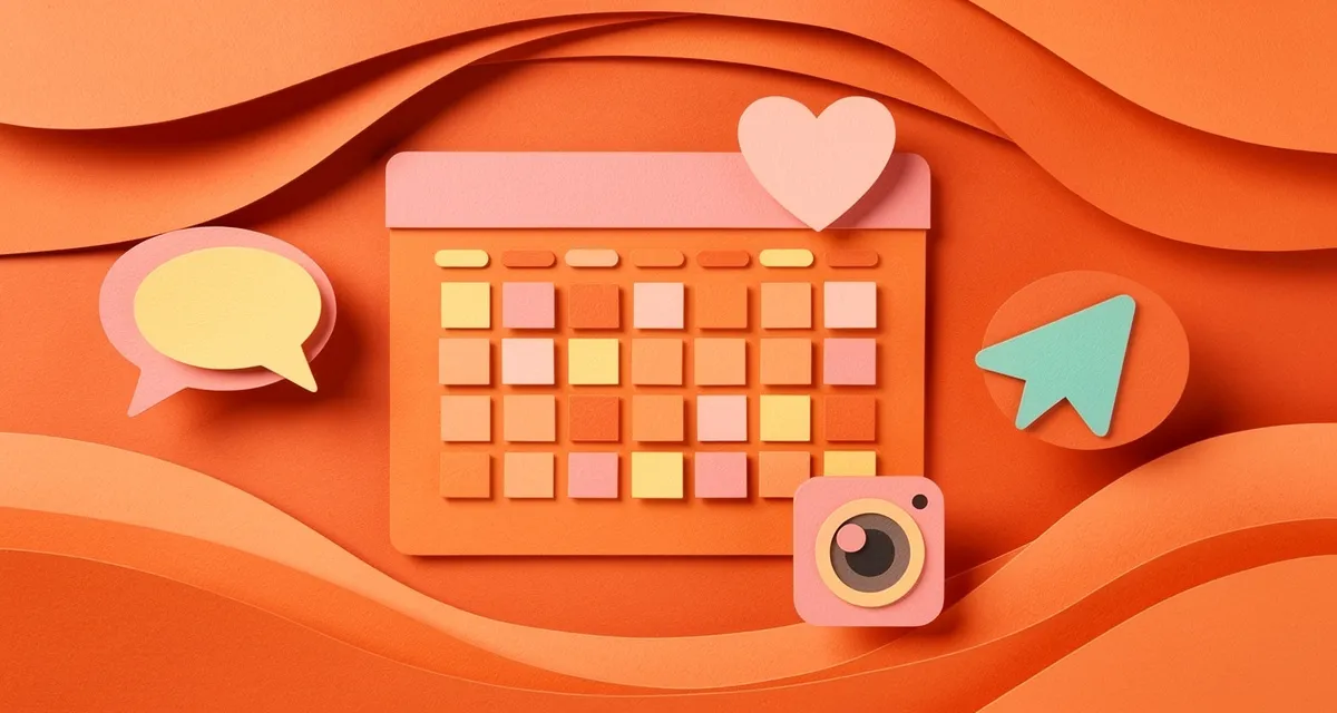 Social media scheduler concept showing layered paper craft calendar icons across platforms in orange and coral