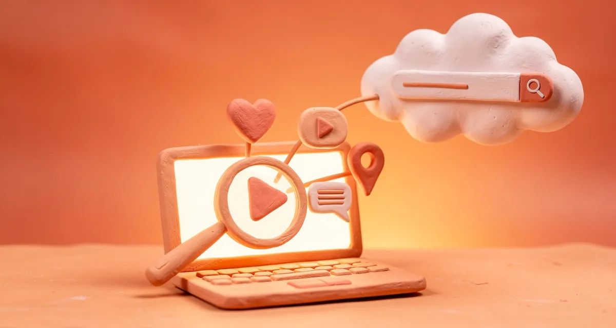 Social media SEO strategy concept illustrated as connected marketing icons in orange and coral claymation style