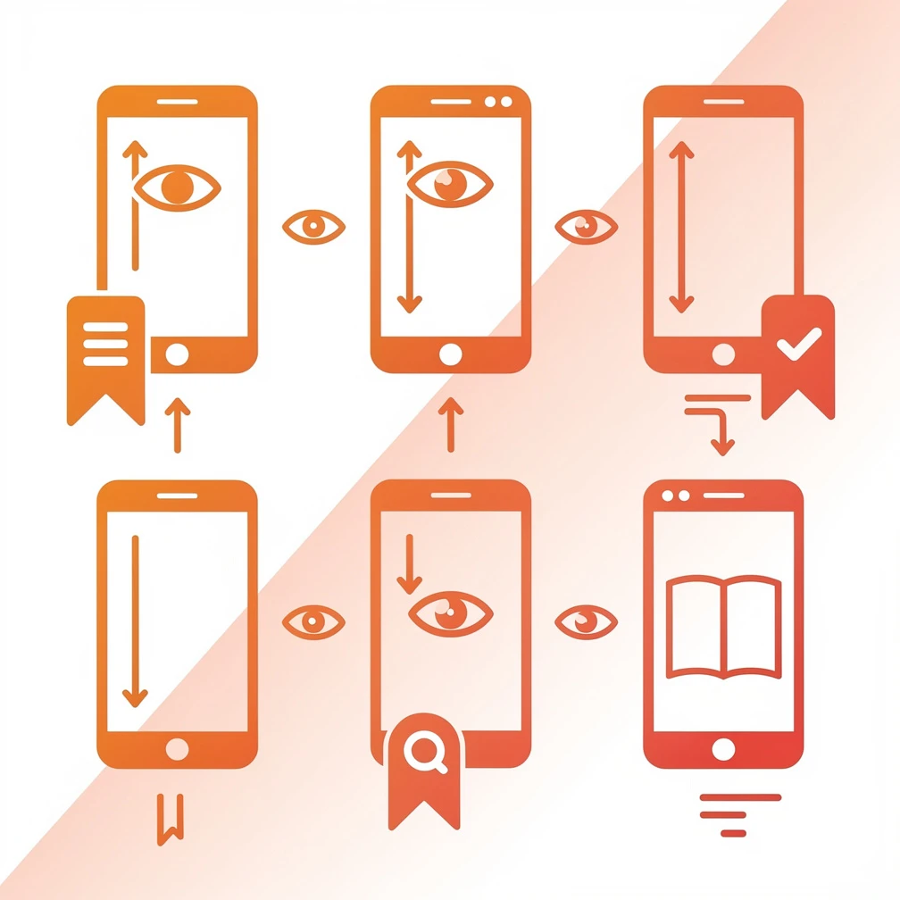 Flat illustration of social media silent scroller traits showing passive consumption icons in orange and coral