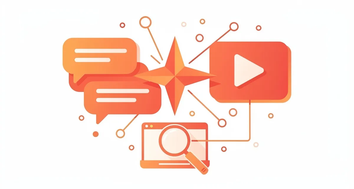 Flat illustration of social media trend icons: AI spark, chat bubble, play button, and search magnifier