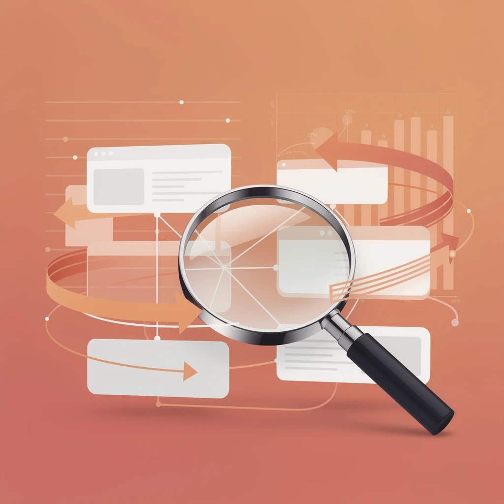 Technical SEO audit checklist visualization with orange coral gradient showing site architecture and crawl paths