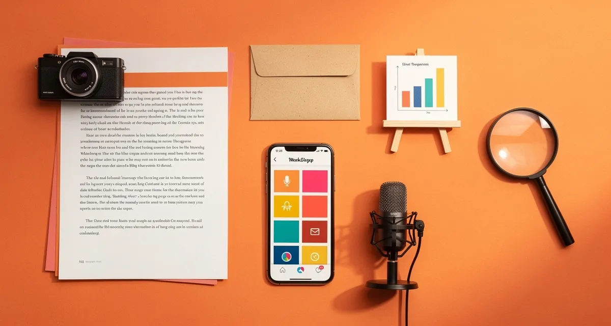 Types of content marketing shown as arranged marketing format tools on a surface with warm orange tones