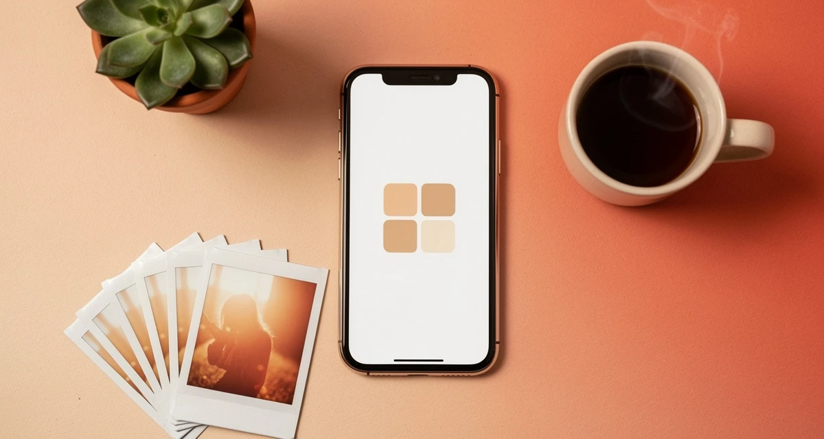 User-generated content marketing flat lay with smartphone, printed photos, and review stars