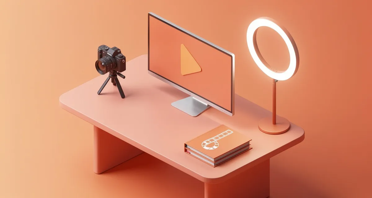 Isometric 3D illustration of a video production workspace with camera, monitor, and play button icons in orange and coral tones