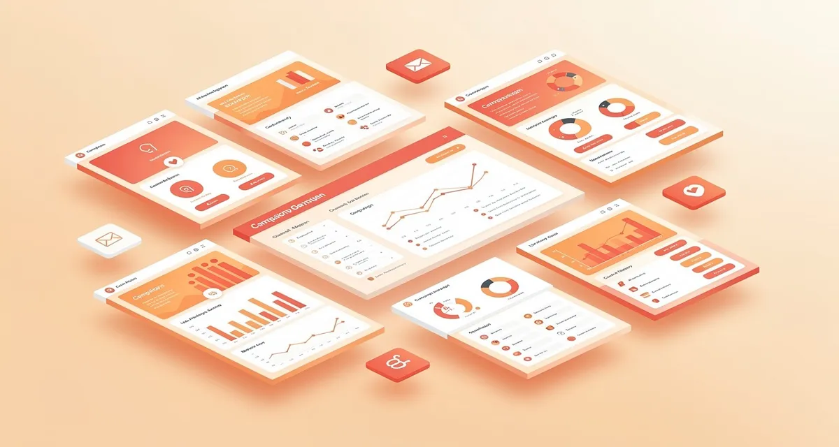 Isometric 3D render of digital marketing campaign dashboards and analytics panels in orange and coral tones