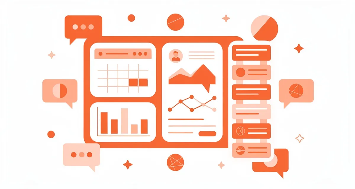 Modern flat vector illustration of a social media manager dashboard with content calendar, engagement metrics, and scheduling icons in orange and coral