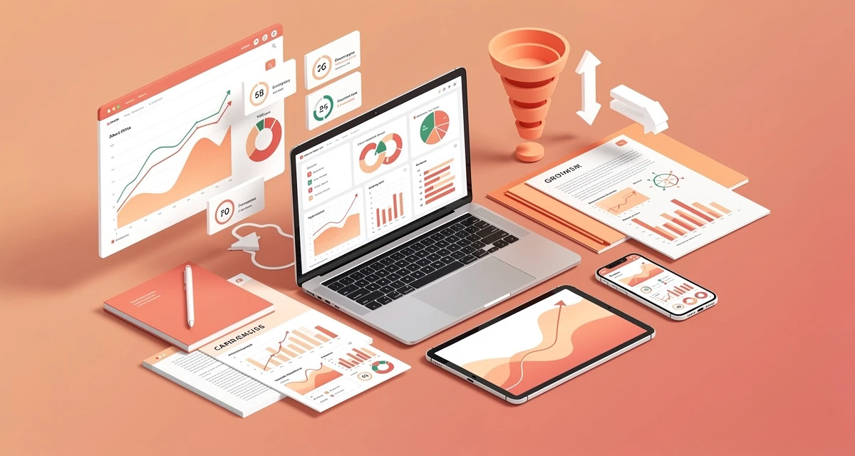 Digital marketing consultant strategy shown as isometric 3D dashboard with analytics charts, campaign funnels, and growth metrics in orange and coral tones