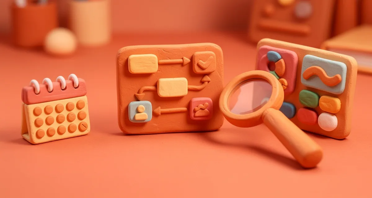 Digital marketing strategist planning a cross-channel campaign on a claymation-style desk with arrows, calendar, and dashboard