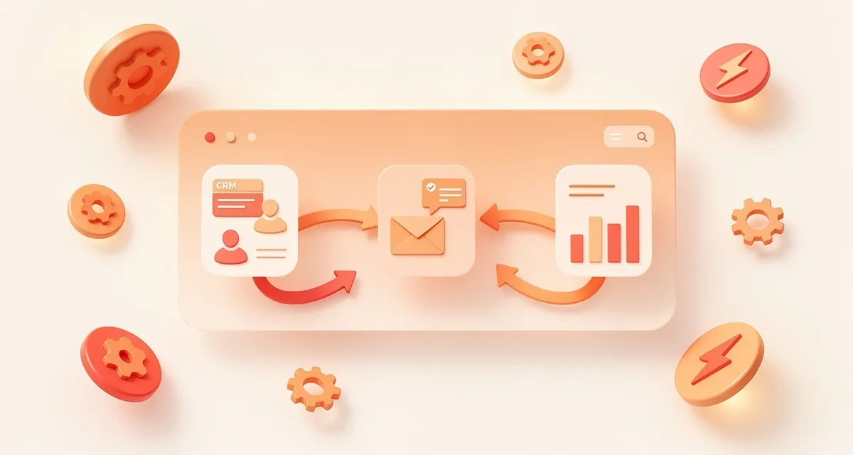 Marketing automation consultant workflow diagram showing connected platforms, lead nurture journeys, and CRM data flow in an isometric 3D scene