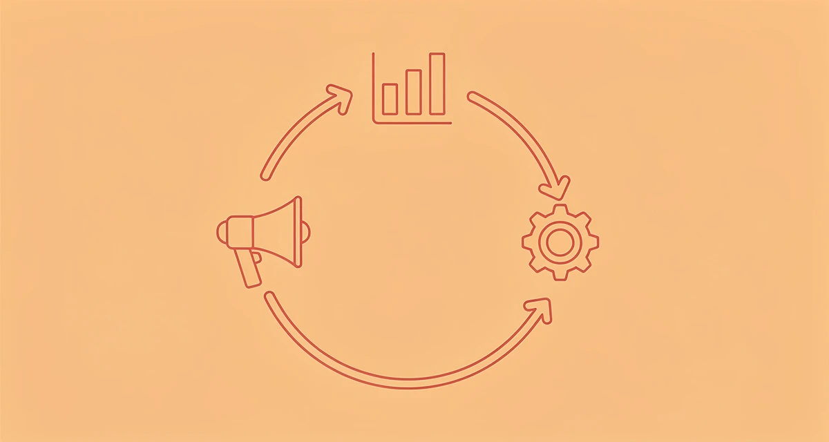 Minimal line art illustration of an AI marketing agent's perceive-reason-act loop connecting marketing tool icons