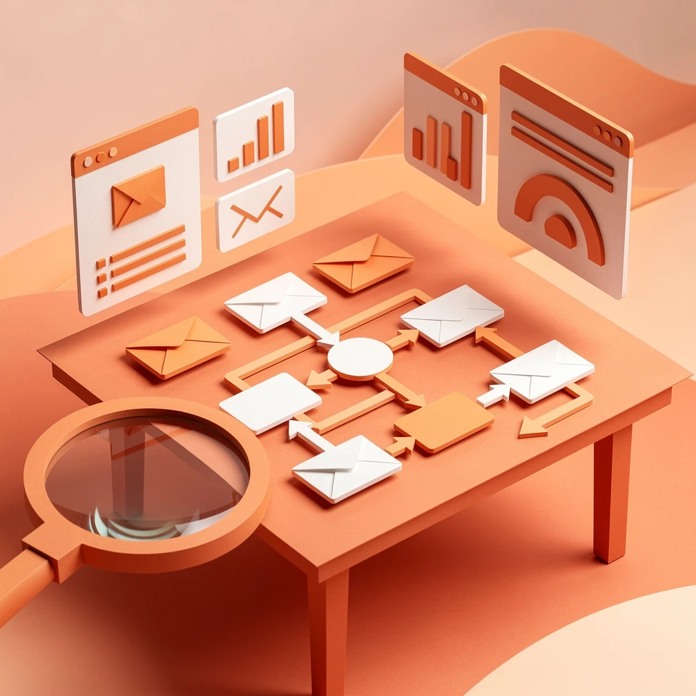 Paper craft diorama of an email marketing consultant workspace with envelope icons, workflow diagrams, and analytics dashboard in orange and coral tones