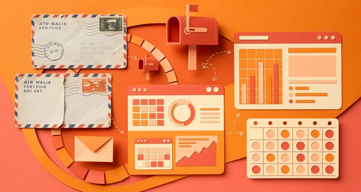 Email marketing manager retro collage of envelopes, campaign dashboards, and segmentation flows in orange and coral