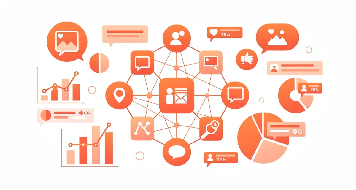 Social media marketing agency SMMA concept with interconnected platform icons and analytics