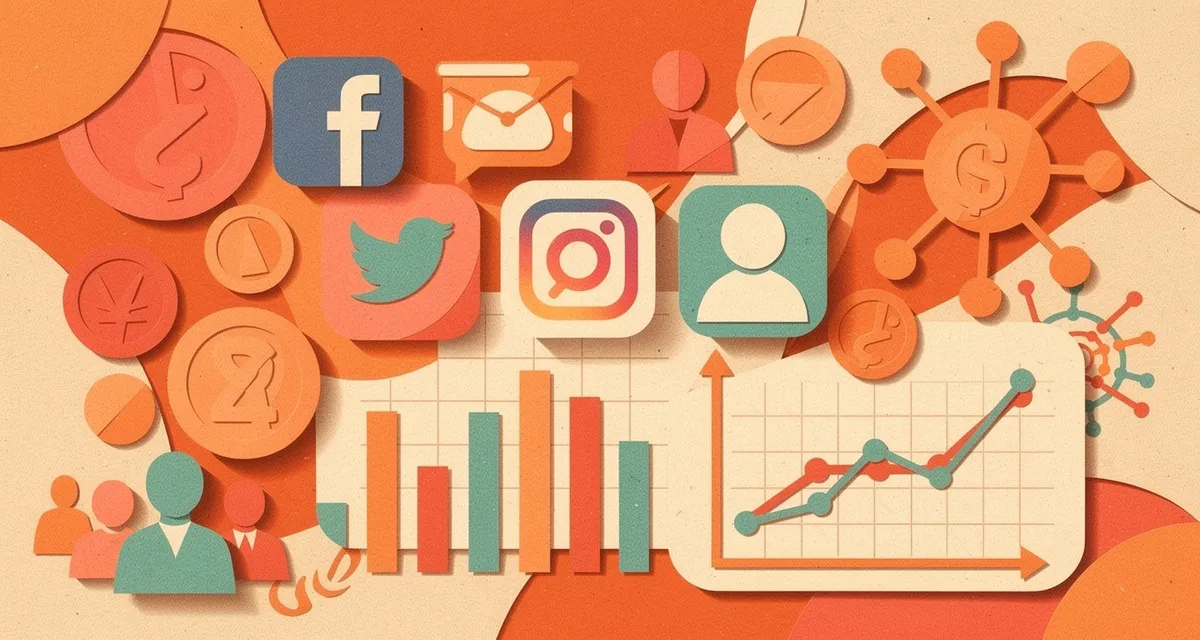 Retro collage of social media platform icons with orange and coral analytics elements showing platform monetization comparison