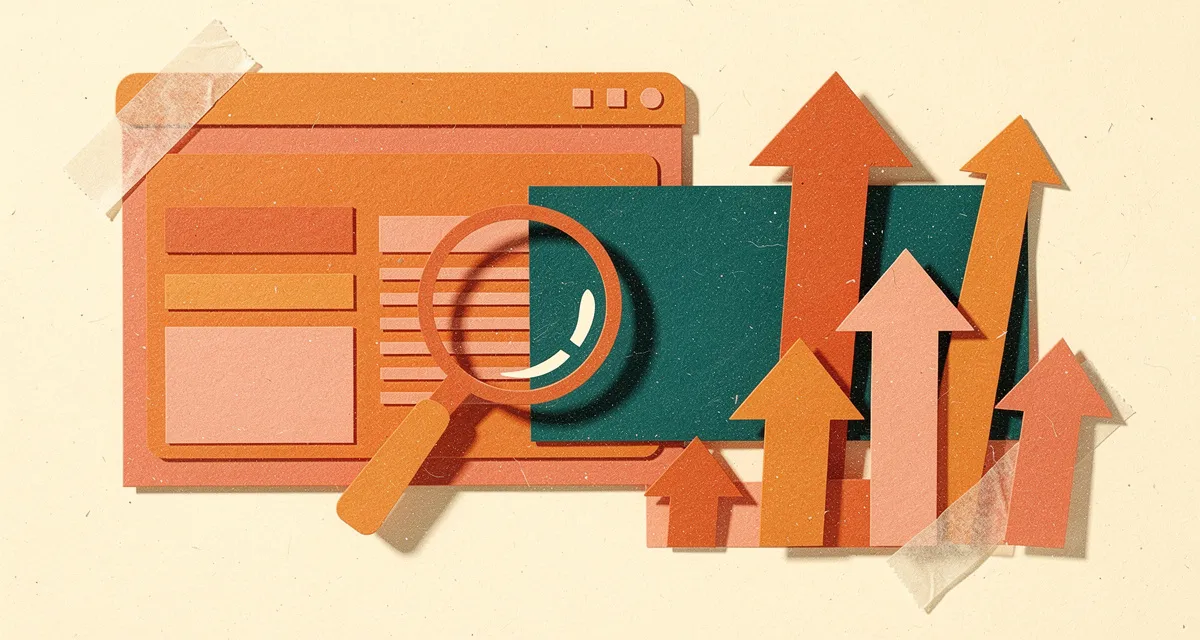 Retro collage of content pages and search ranking arrows in orange and coral tones
