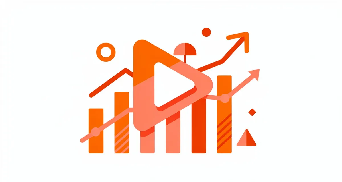 Flat illustration of a play button merged with search bars and analytics growth charts representing YouTube SEO ranking
